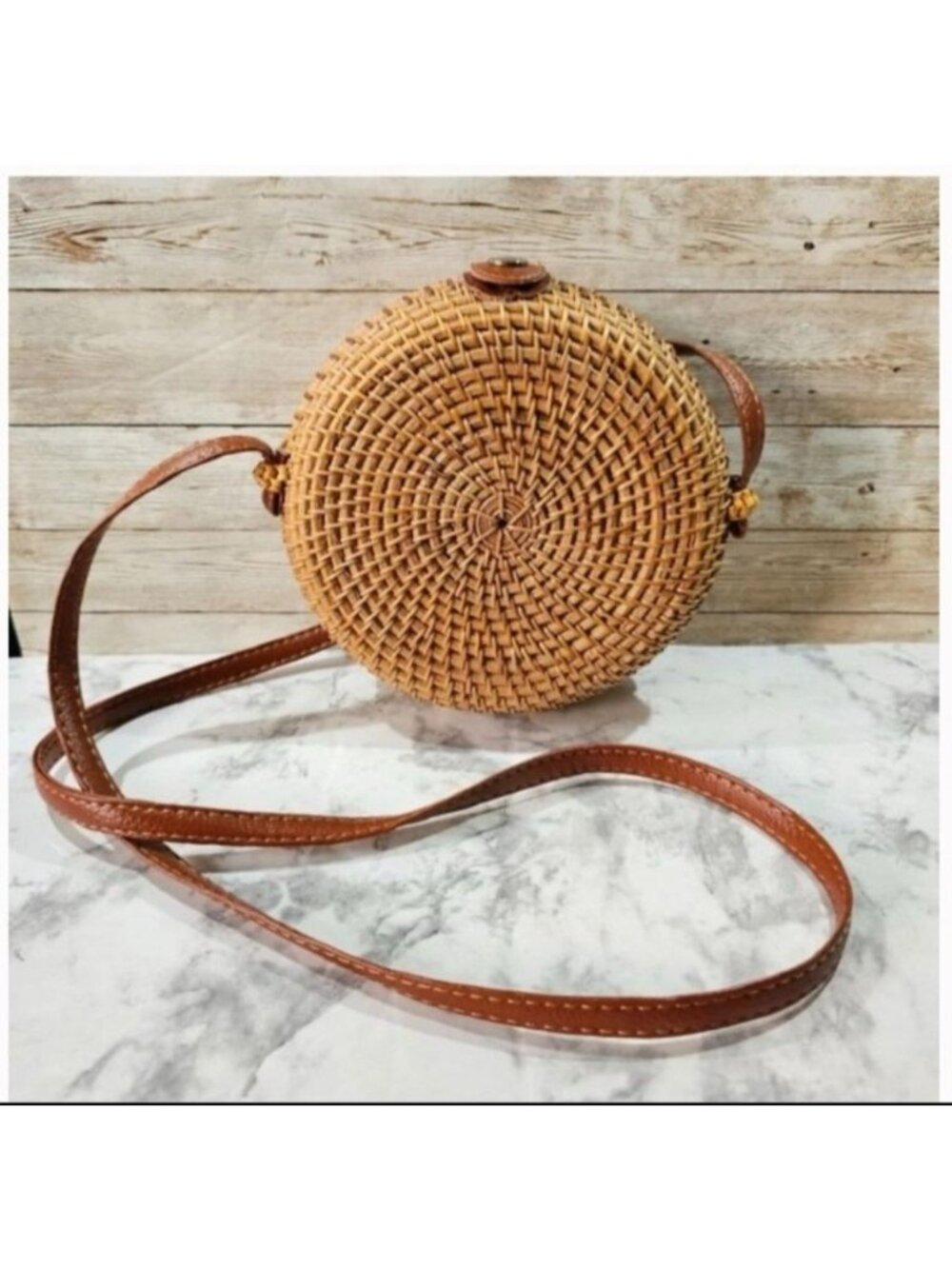 Round Woven Rattan Handbag With Brown Leather Strap & Button Closure Boho Crossb